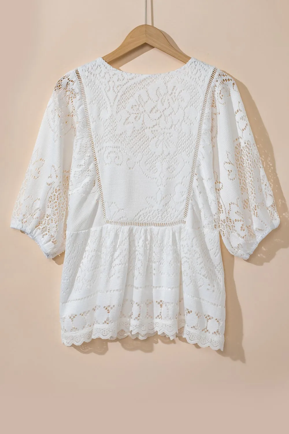 Lace Crochet Hollowed Scallop Hem V Neck Blouse, image 2