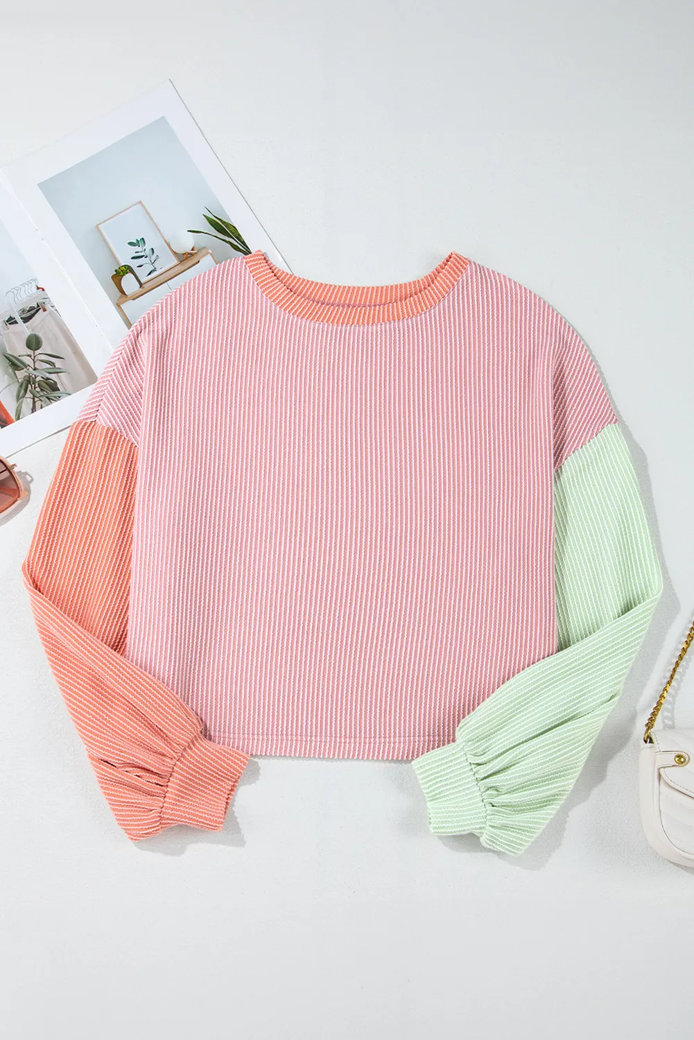 Color Block Round Neck Long Sleeve Top, image 2
