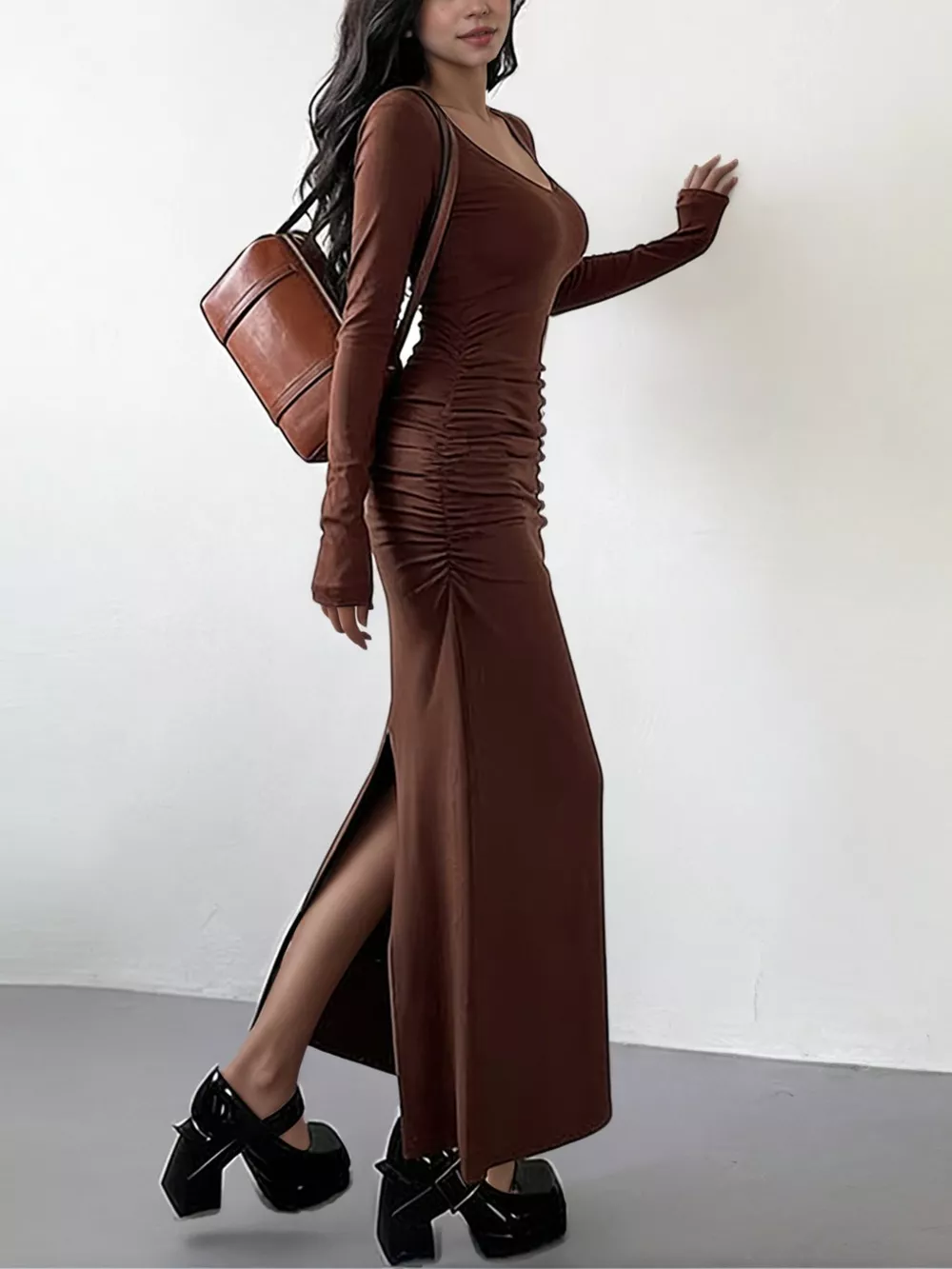 Slit Long Sleeve Bodycon Maxi Dress, image 3