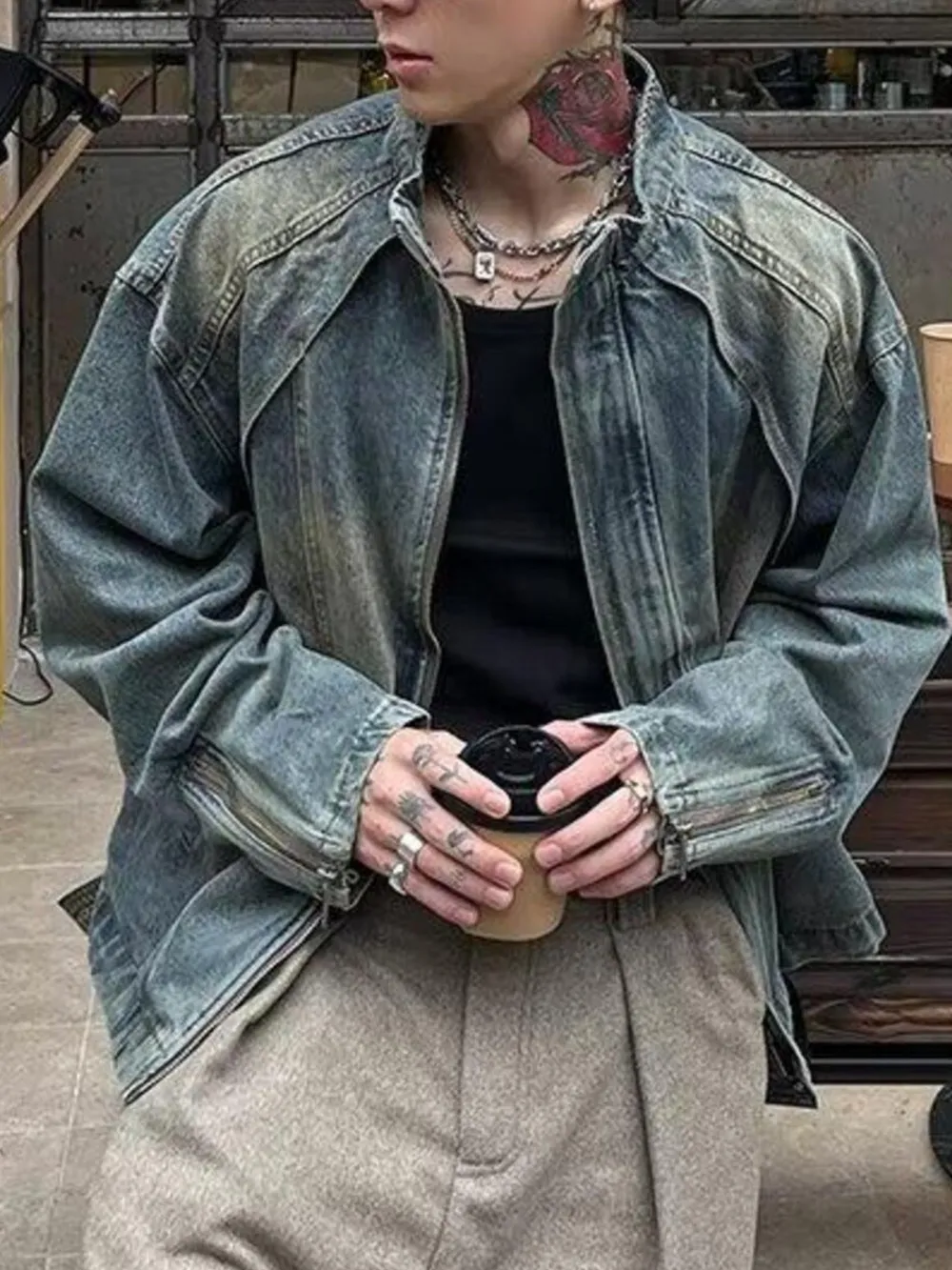 Men's Vintage Washed Denim Jacket with Classic Collar, image 6