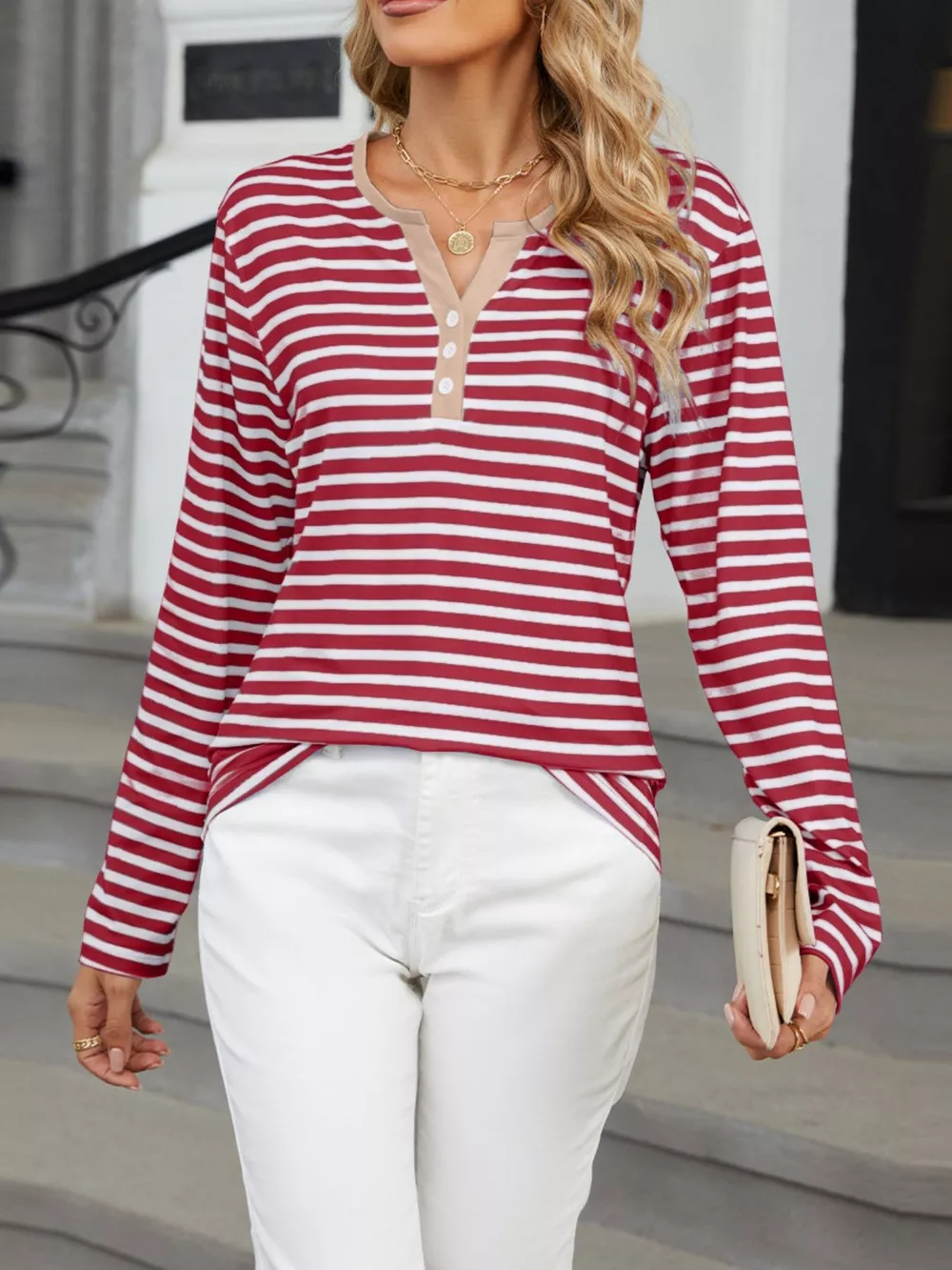 Striped Long Sleeve Henley T-Shirt, image 16