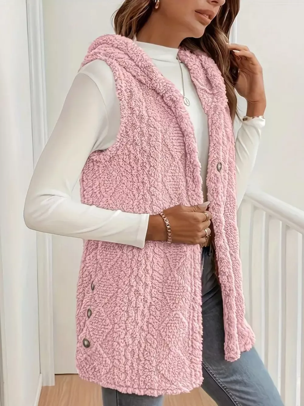 Hooded Button-Up Sherpa Vest Coat, image 3