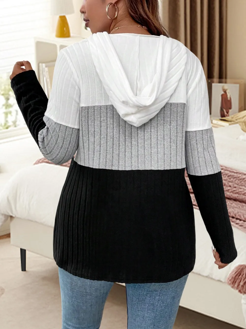 Plus Size Drawstring Color Block Long Sleeve Hooded Top, image 2