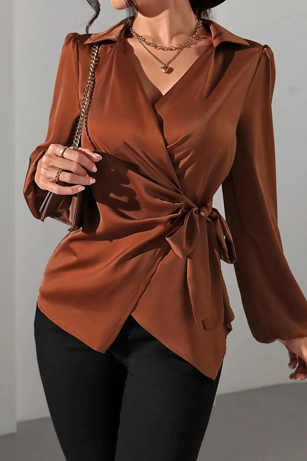 Satin Tied Detail Long Sleeve Blouse, image 3