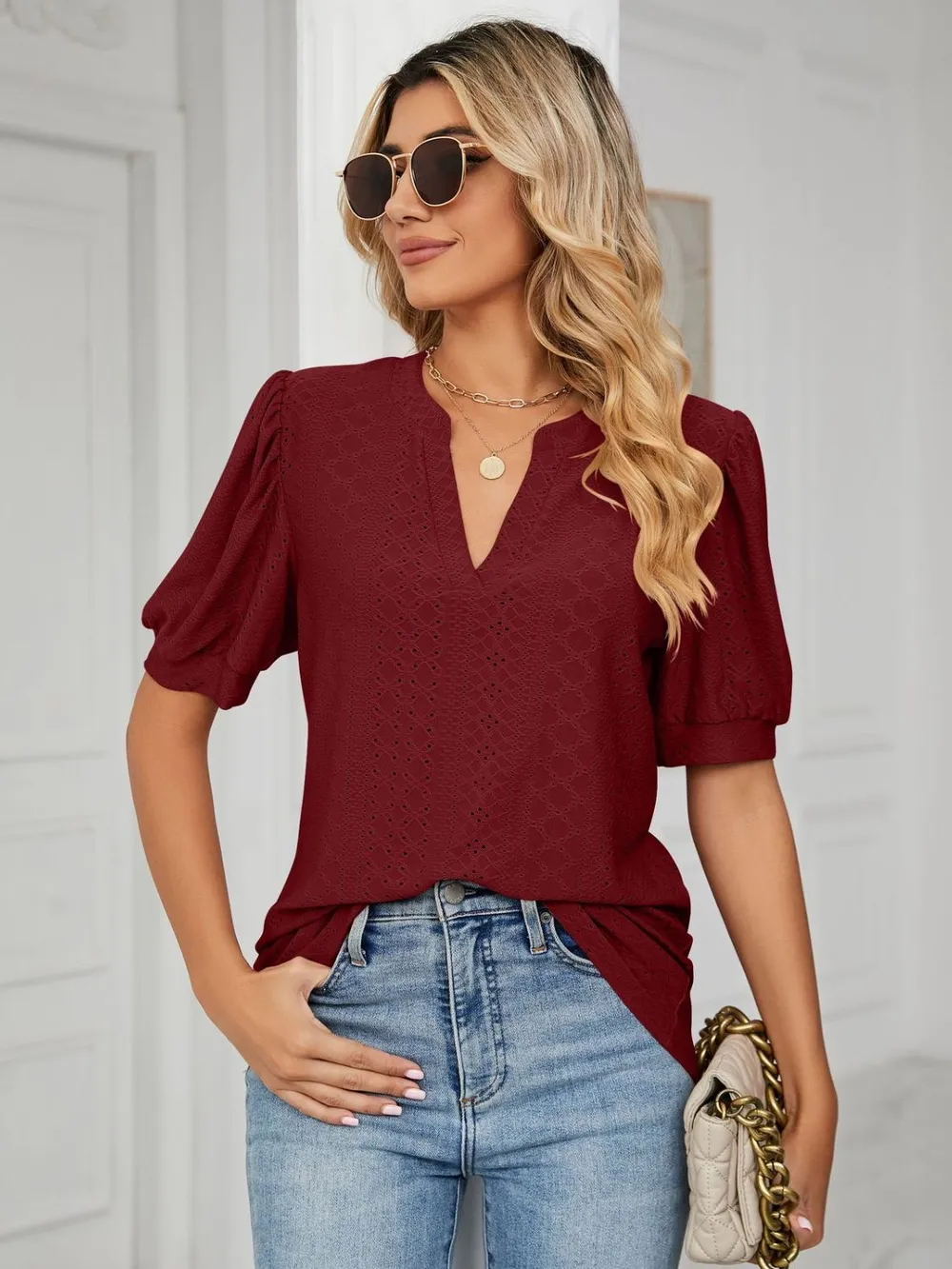 Eyelet Notched Short Sleeve T-Shirt, image 28