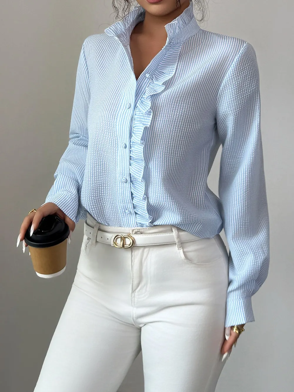 Ruffle Front Striped Button-Up Shirt, image 3