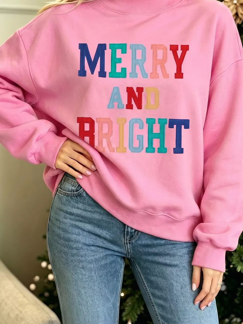 MERRY AND BRIGHT Stitched Letter Pattern Mock Neck Sweatshirt, image 7