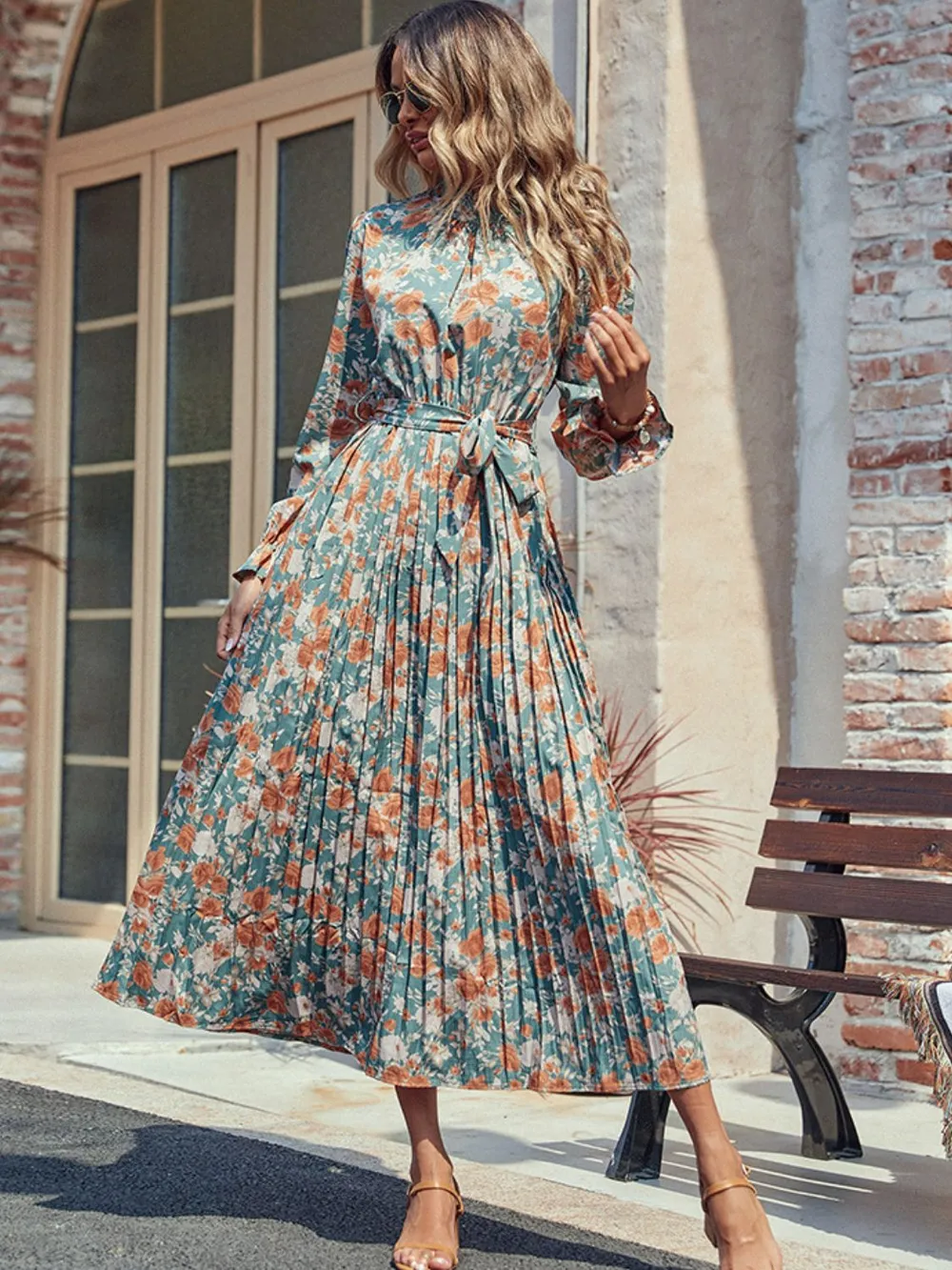 Tied Pleated Printed Mock Neck Long Sleeve Dress, image 2