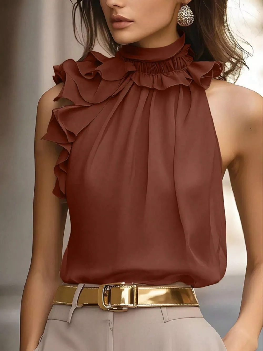 Ruffle High Neck Sleeveless Top, image 2