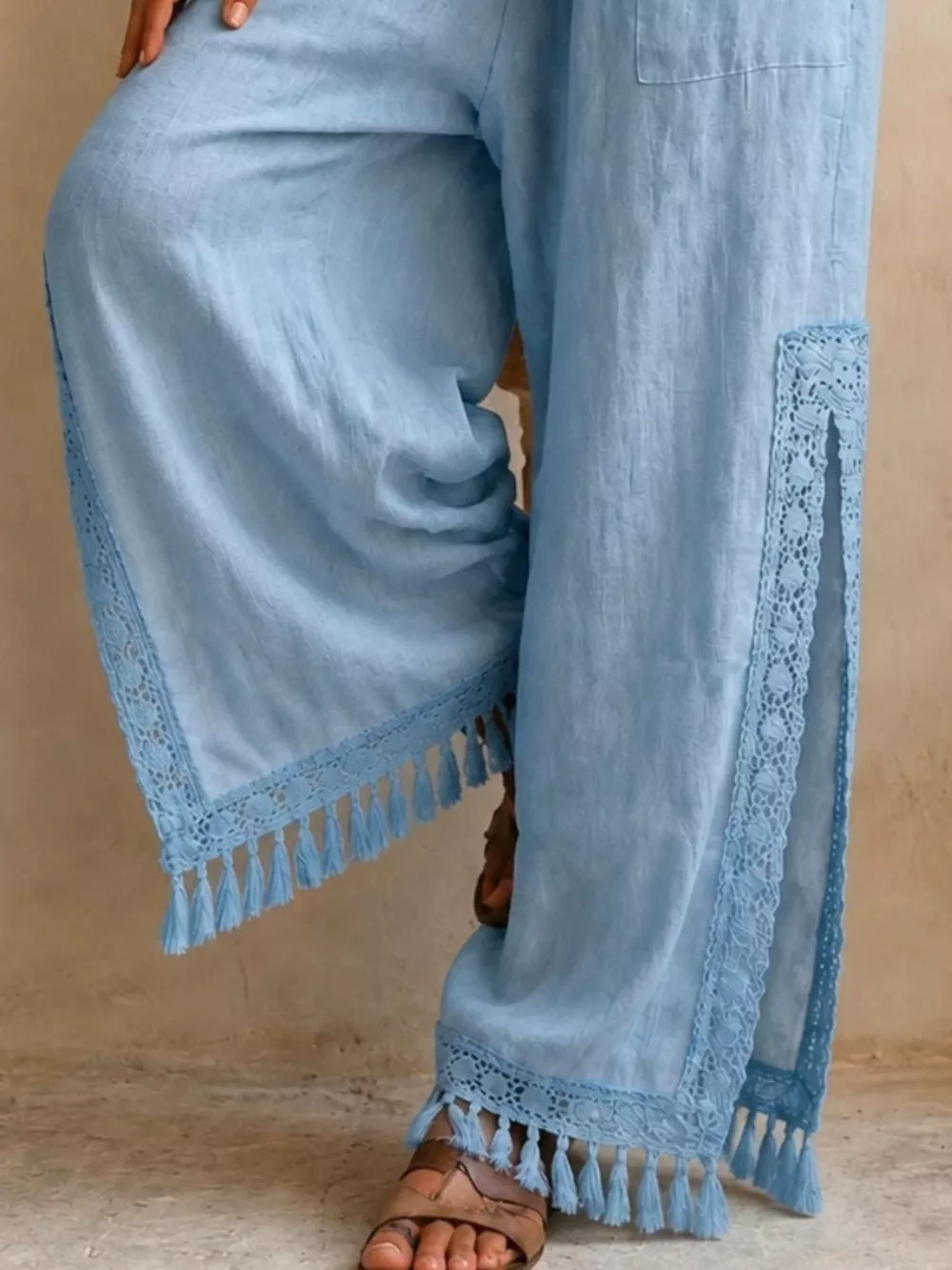 Lace Detail Slit Wide Leg Pants, image 3