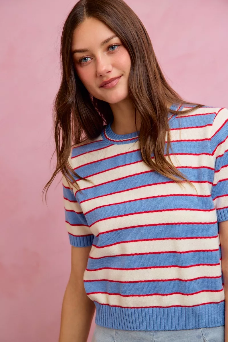 Stripe Knit Crew Neck Short Sleeves Sweater Top, image 6