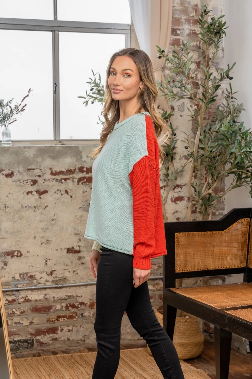 Full Size Color Block Drop Shoulder Sweater, image 3