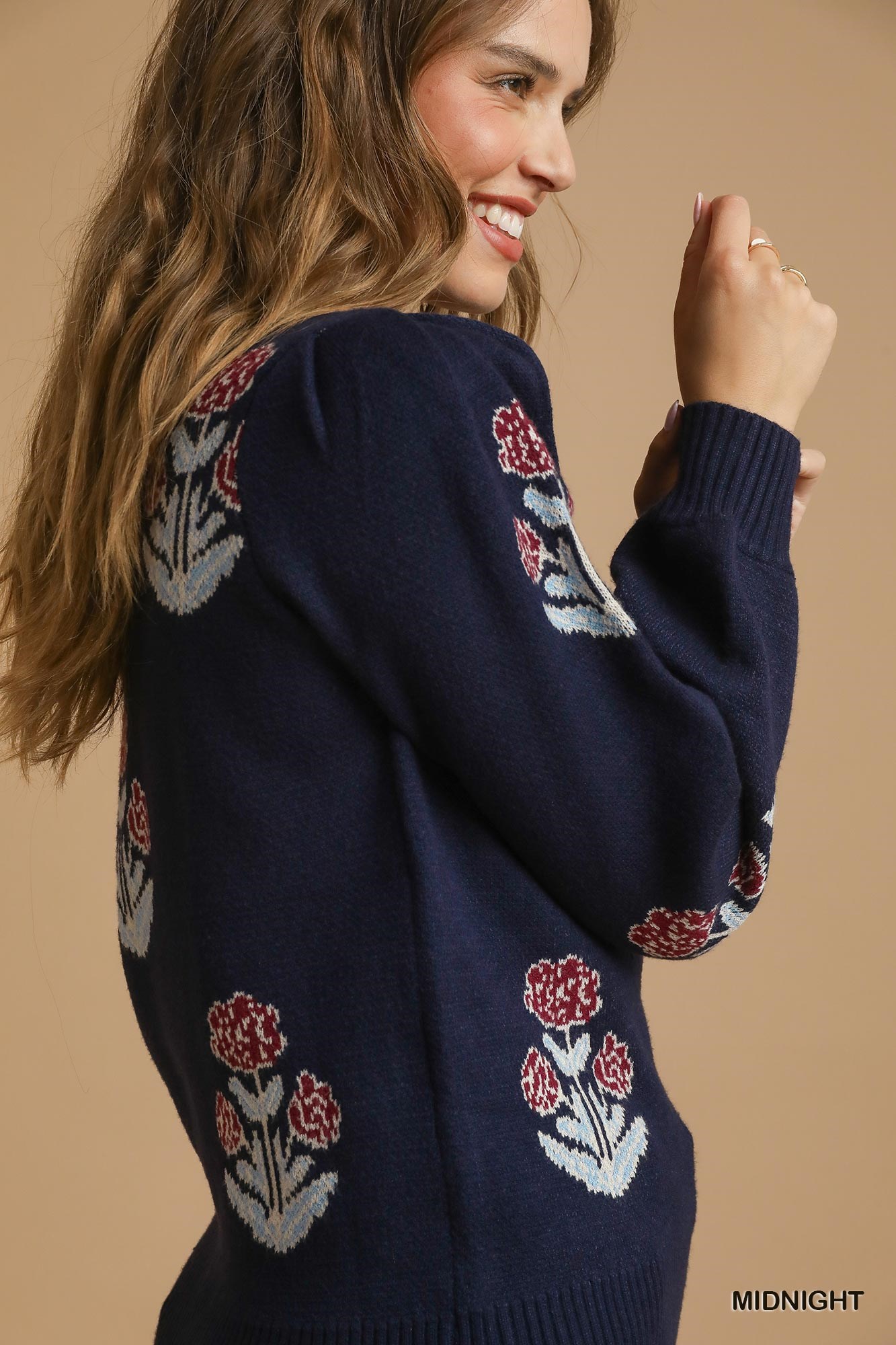 Floral Knit Sweater with Puff Sleeves, image 3