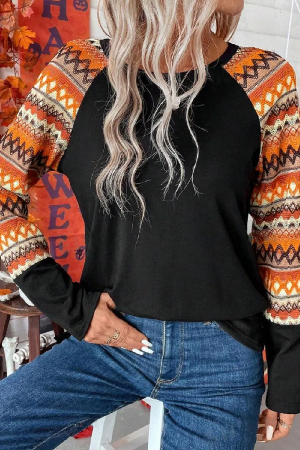 Printed Round Neck Raglan Sleeve Blouse, image 7