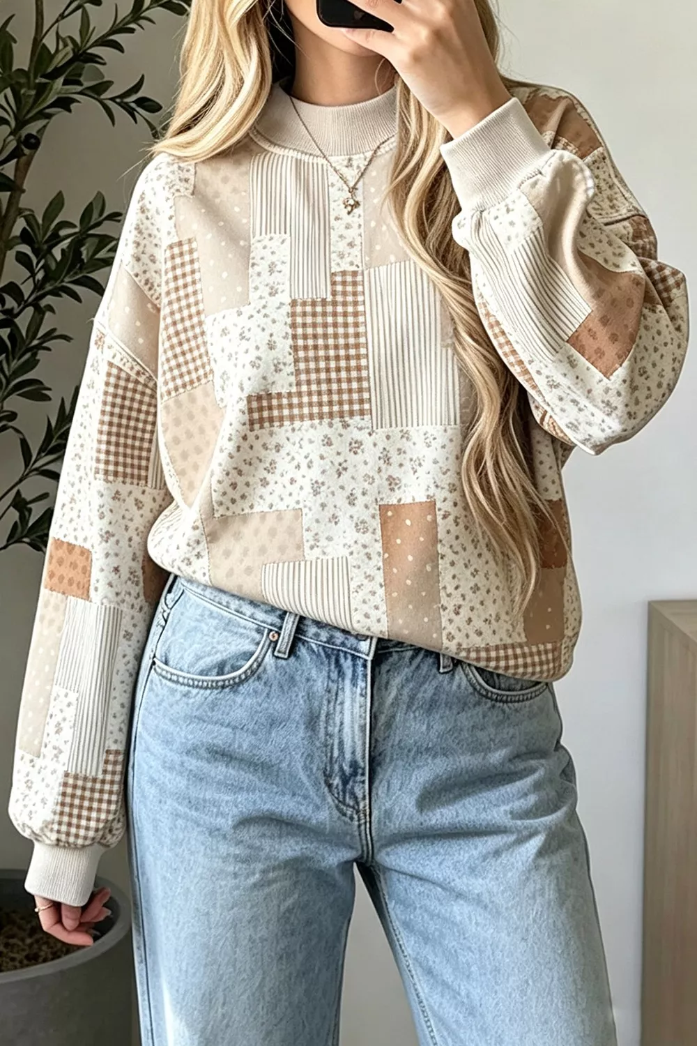 Vintage Patchwork Print Dropped Shoulder Sweatshirt, image 2