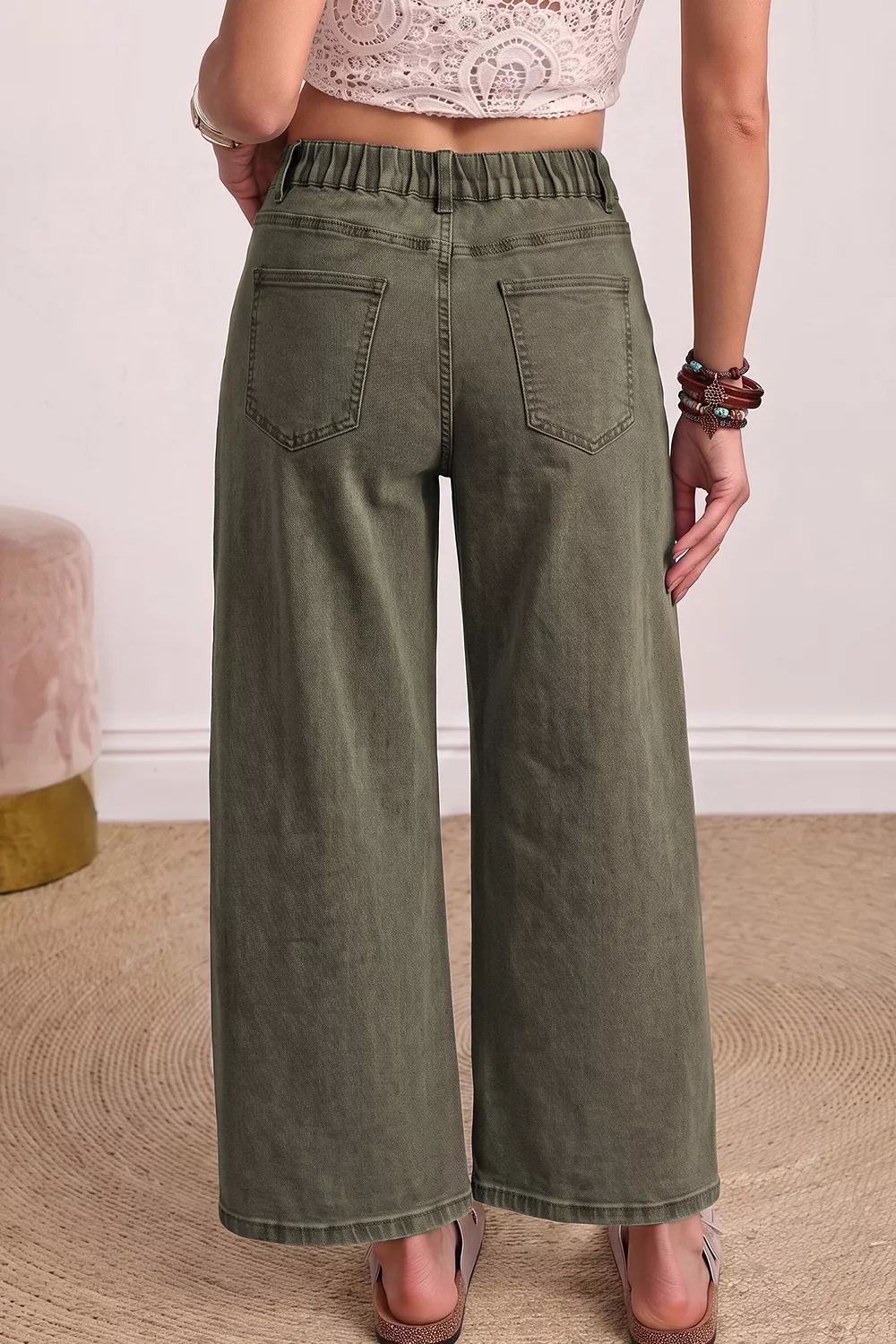 Four Leaf Clover Solid Color Square Patch Pocket Ankle-length Barrel Jeans, image 5