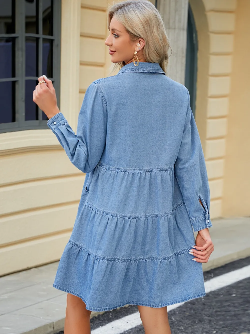 Tiered Button Up Long Sleeve Denim Dress, image 2