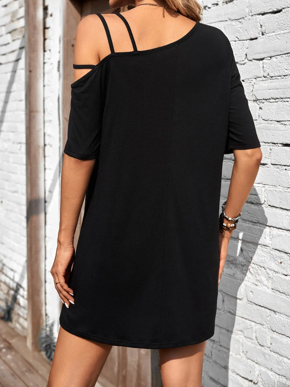 Asymmetrical Neck Half Sleeve Mini Dress, image 11
