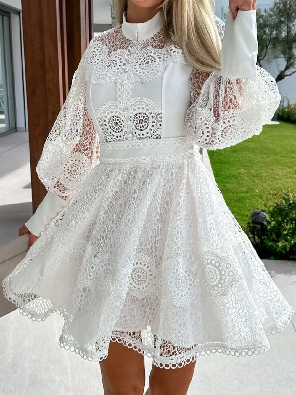 Lace Lantern Sleeve Mini Dress, image 2