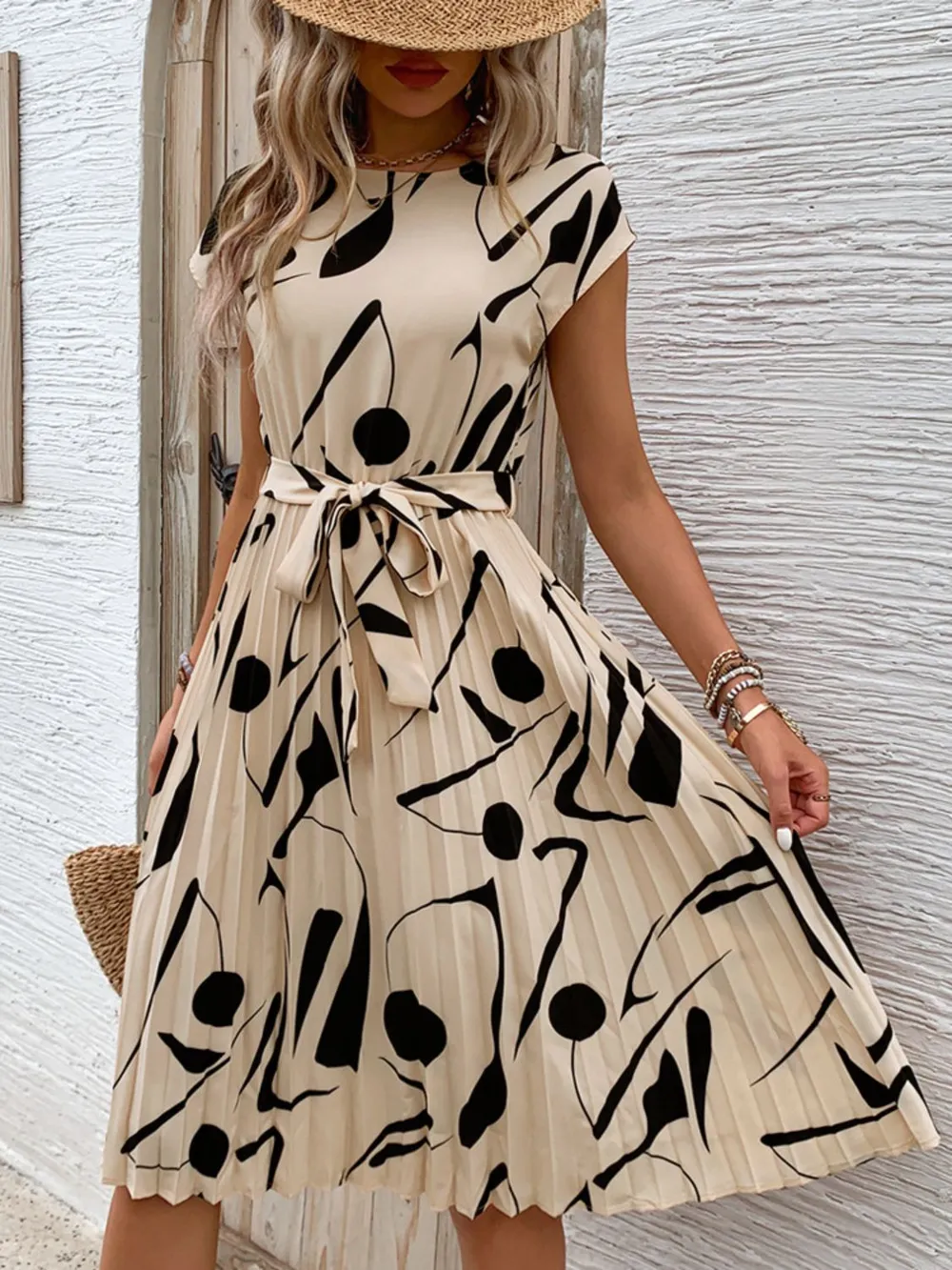 Tied Pleated Printed Cap Sleeve Dress, image 3