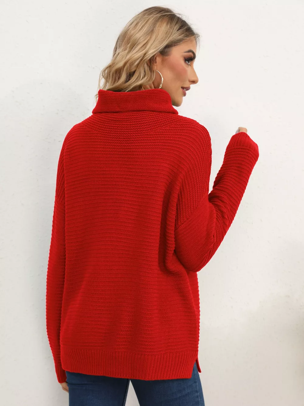 Slit Turtleneck Dropped Shoulder Sweater, image 9