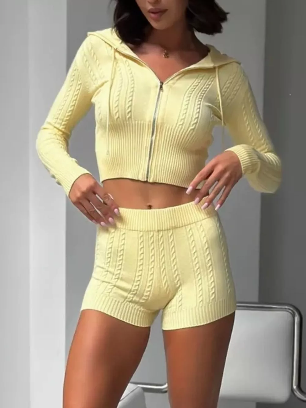 Cable Knit Zip-Up Hooded Top and Shorts Lounge Set, image 9