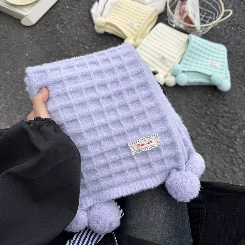 Waffle Knit Pom-Pom Scarf, image 9