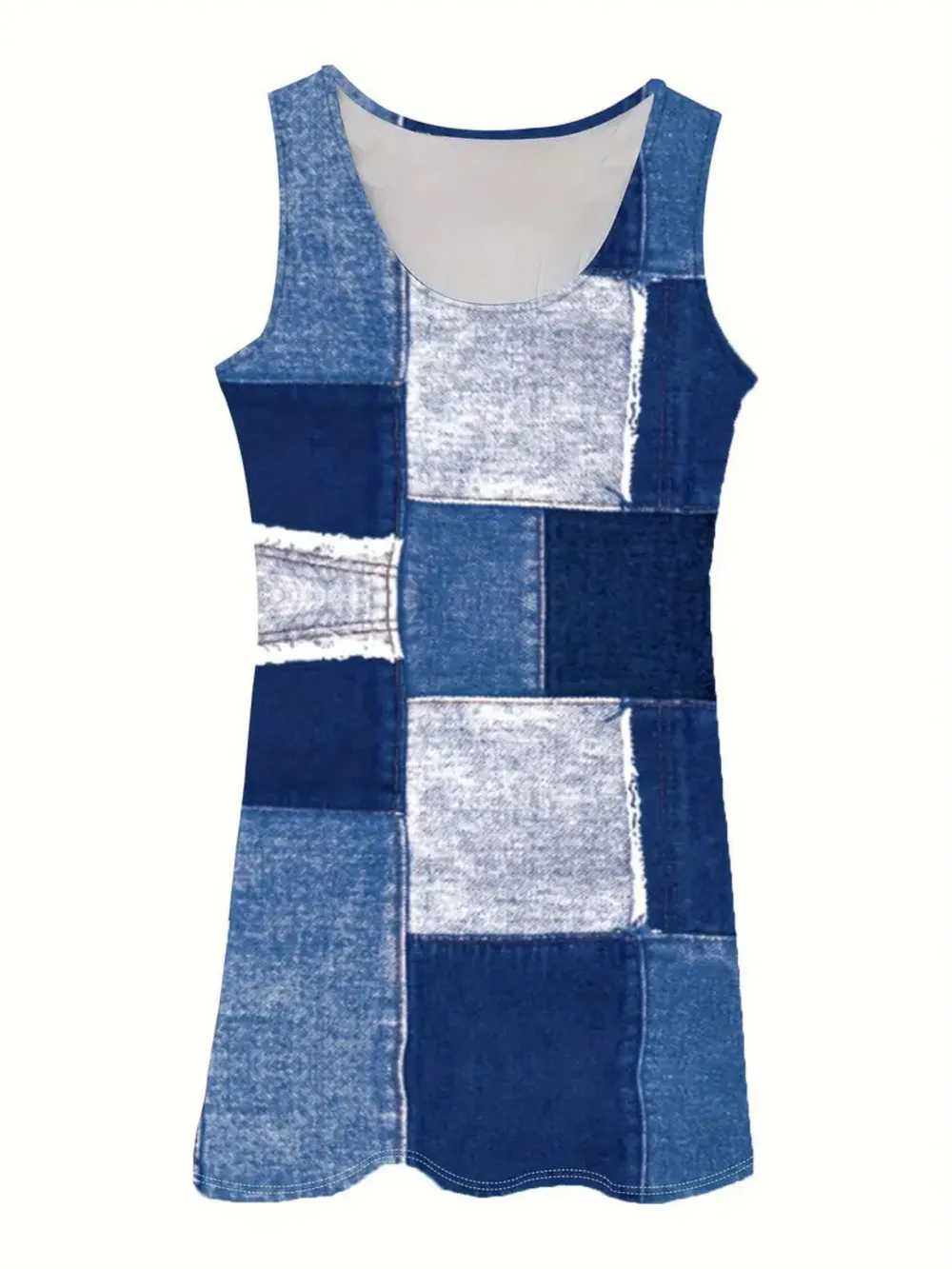 Patchwork Scoop Neck Denim Tank Dress, image 2