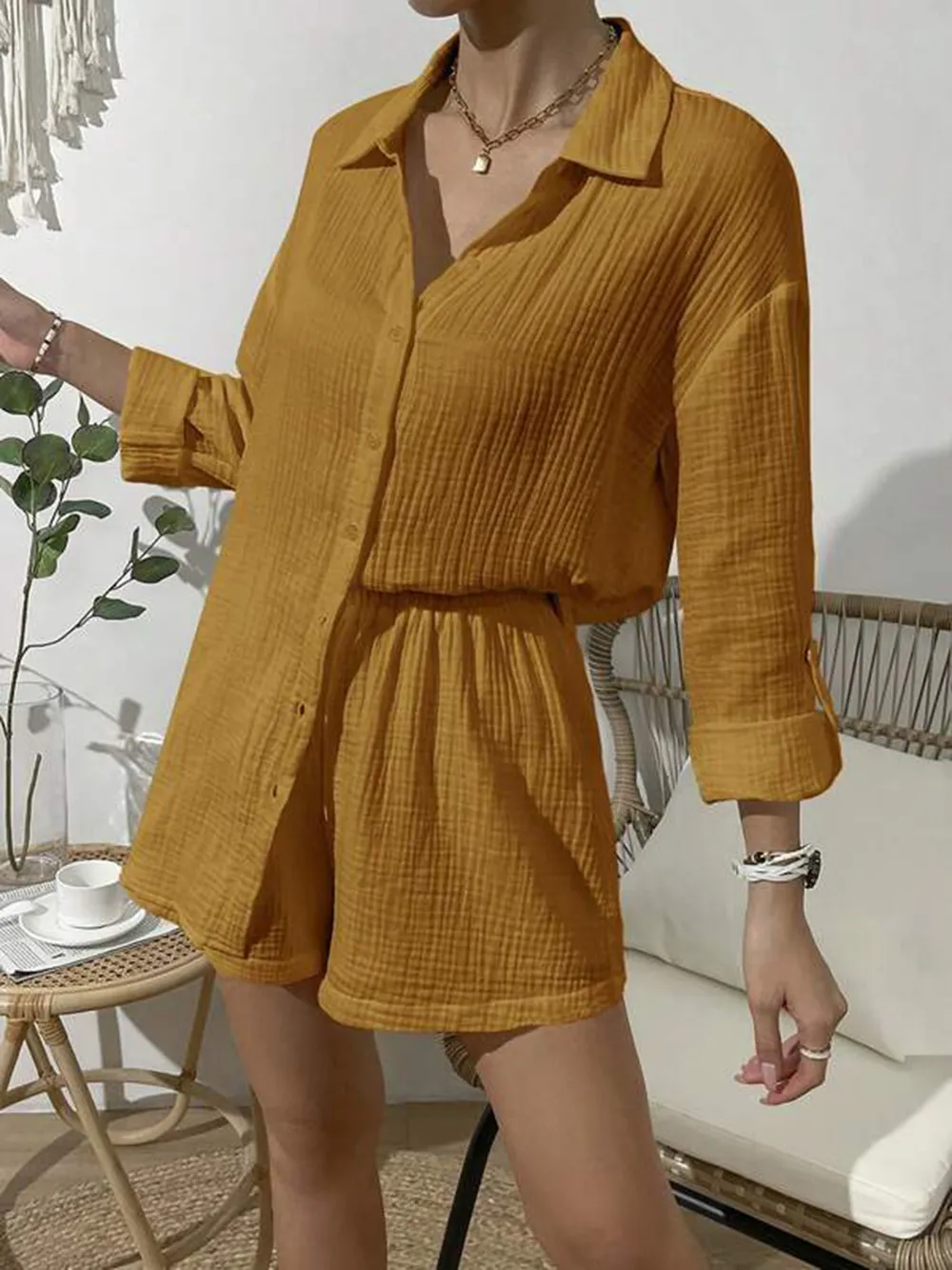Dropped Shoulder Button Up Top and Elastic Waist Shorts Set, image 26