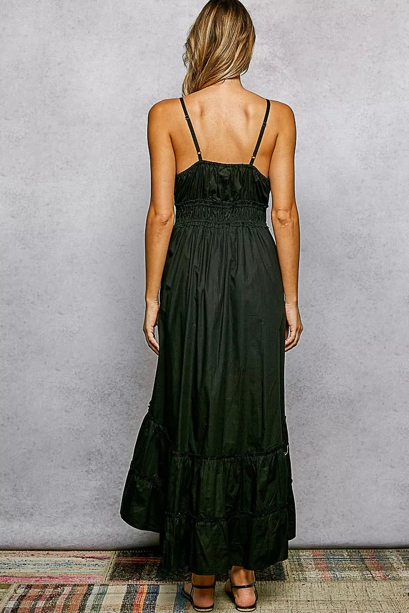 Embroidered Detail Tassel Tie Smocked Waist Midi Tiered Cami Dress, image 5