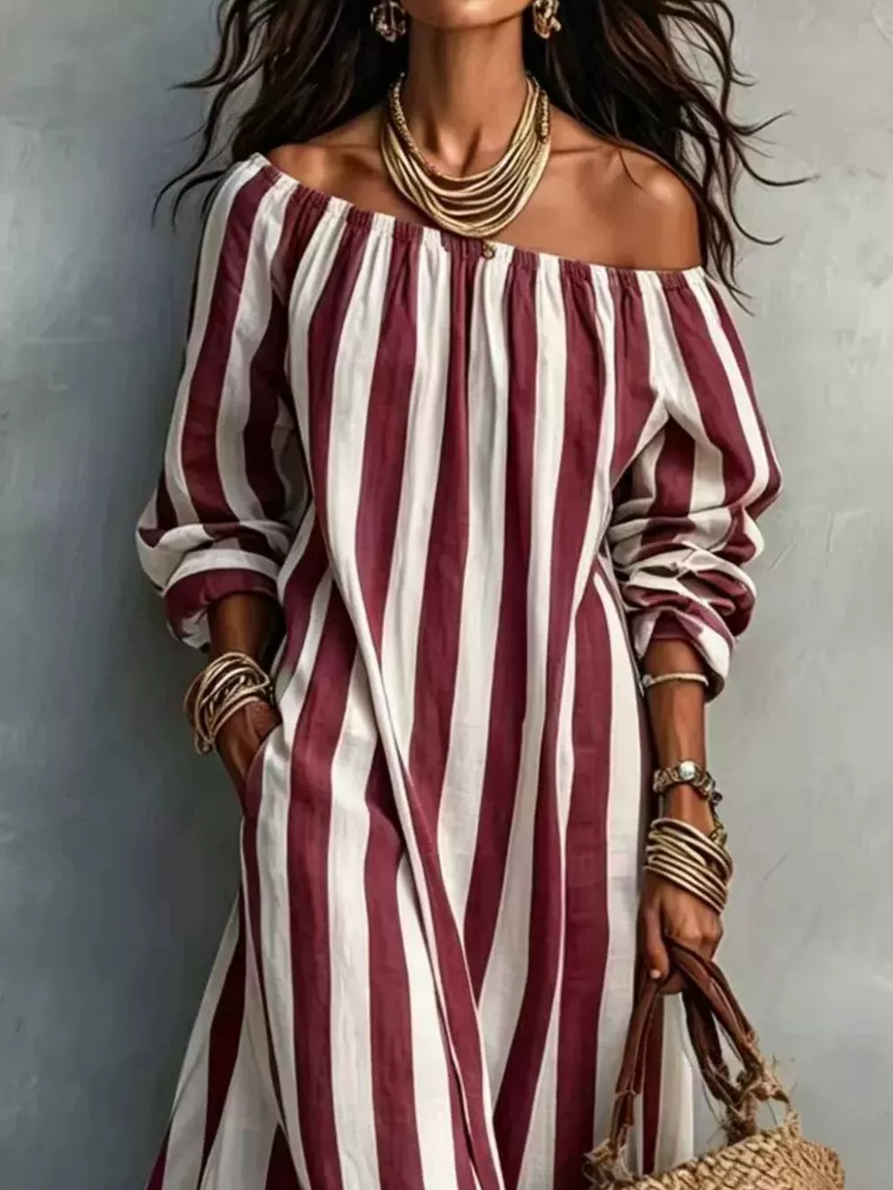 Off-Shoulder Striped Dress with Pockets, image 2