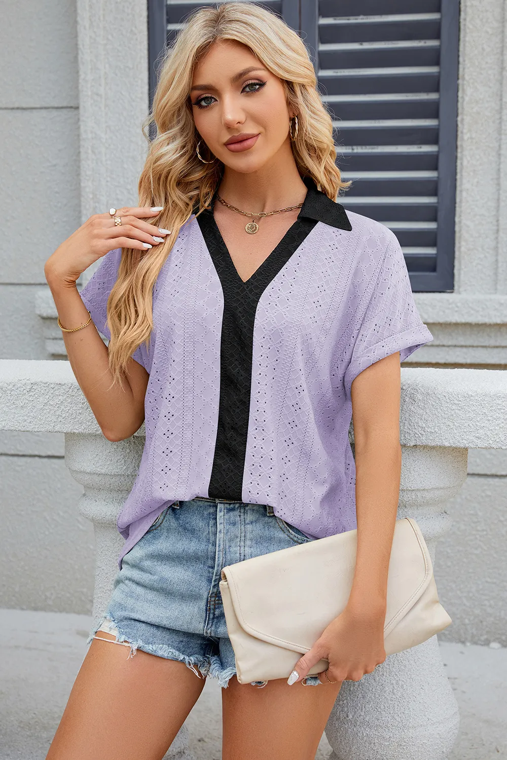Eyelet Johnny Collar Short Sleeve T-Shirt, image 31