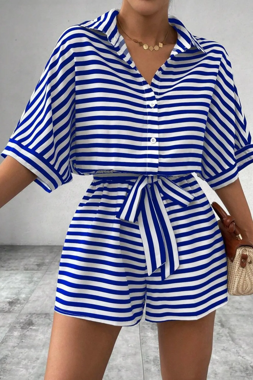 Striped Collared Neck Tie Waist Romper, image 4