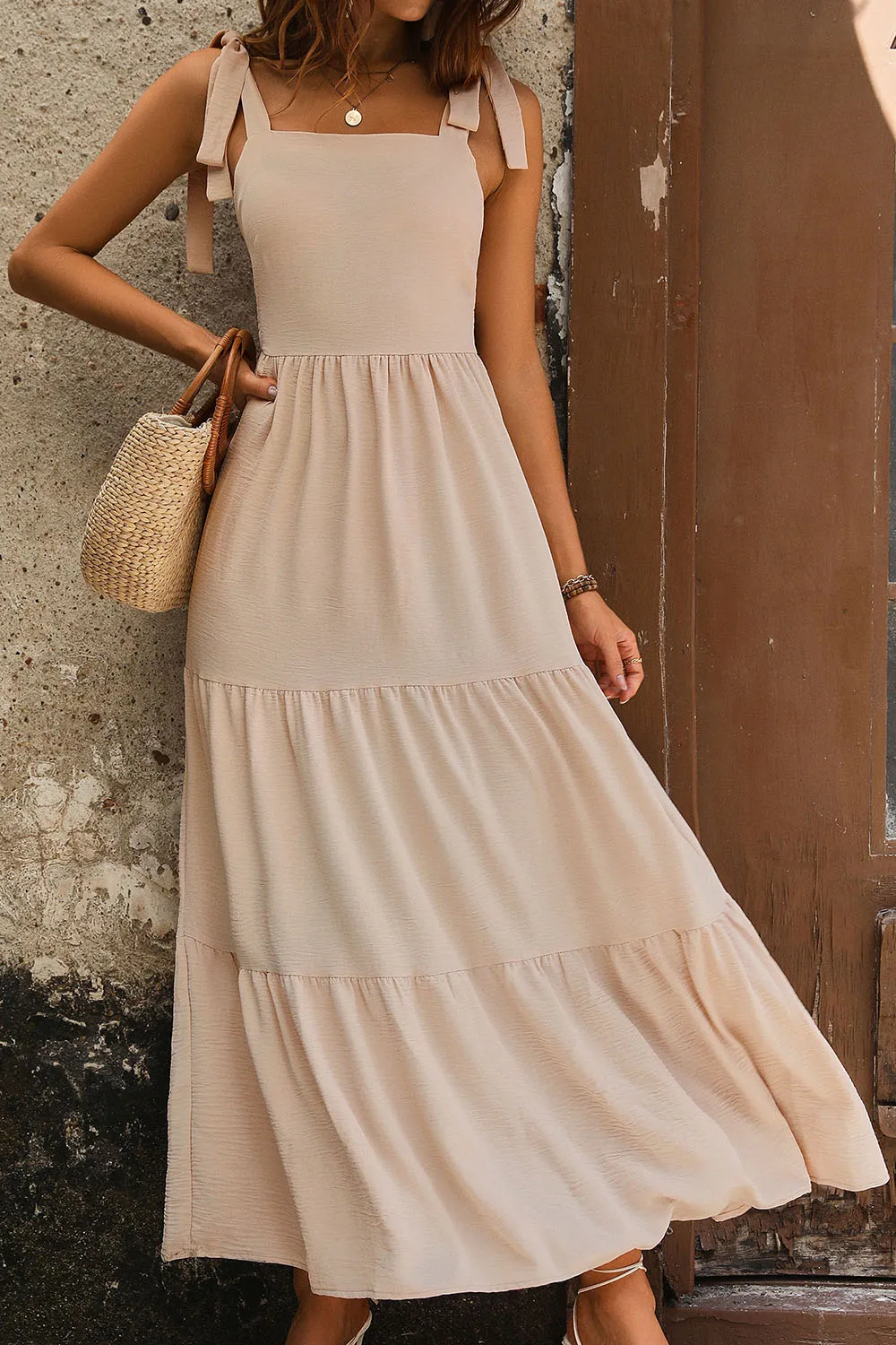 Tie Shoulder Smocked Tiered Dress, image 2