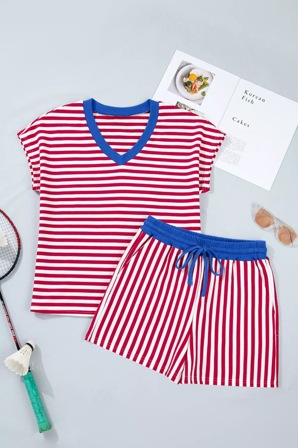 Stripe Colorblock Trim V Neck Tee Drawstring Elastic Waist Shorts Set, image 2