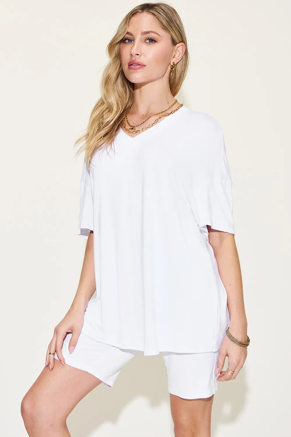 Full Size V-Neck Drop Shoulder T-Shirt and Shorts Set, image 4