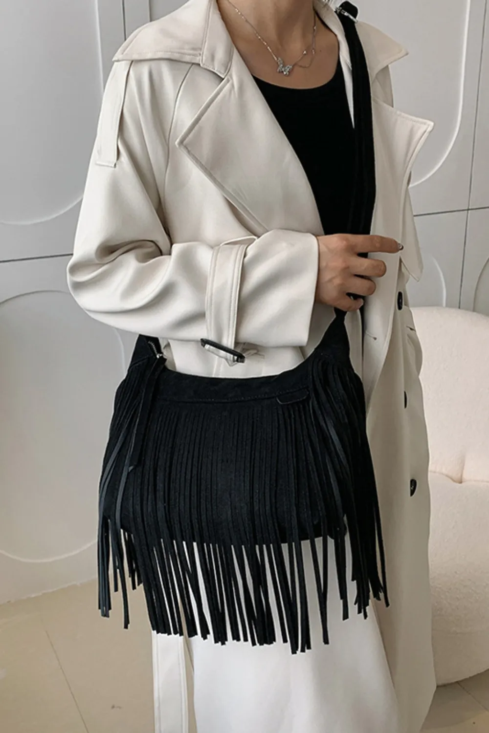 Suede Fringe Adjustable Strap Shoulder Bag, image 5