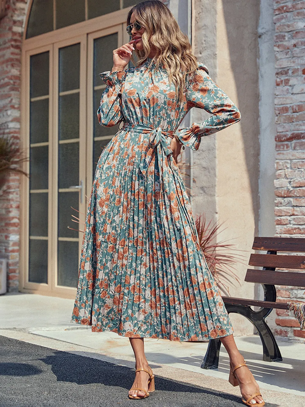Tied Pleated Printed Mock Neck Long Sleeve Dress, image 3