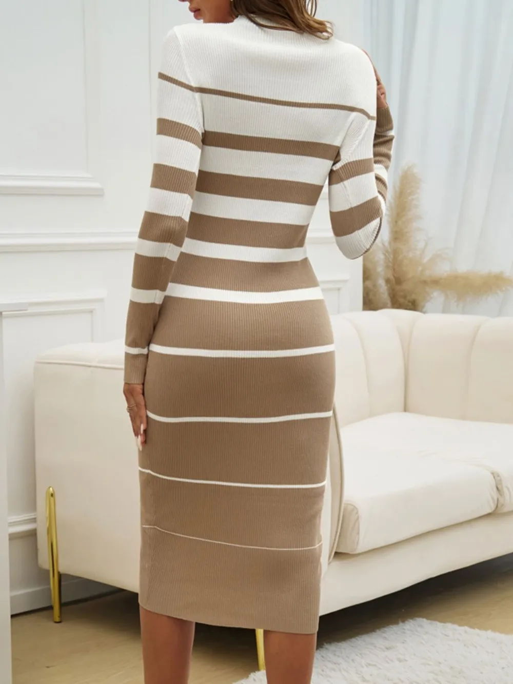 Color Block Round Neck Long Sleeve Midi Dress, image 3