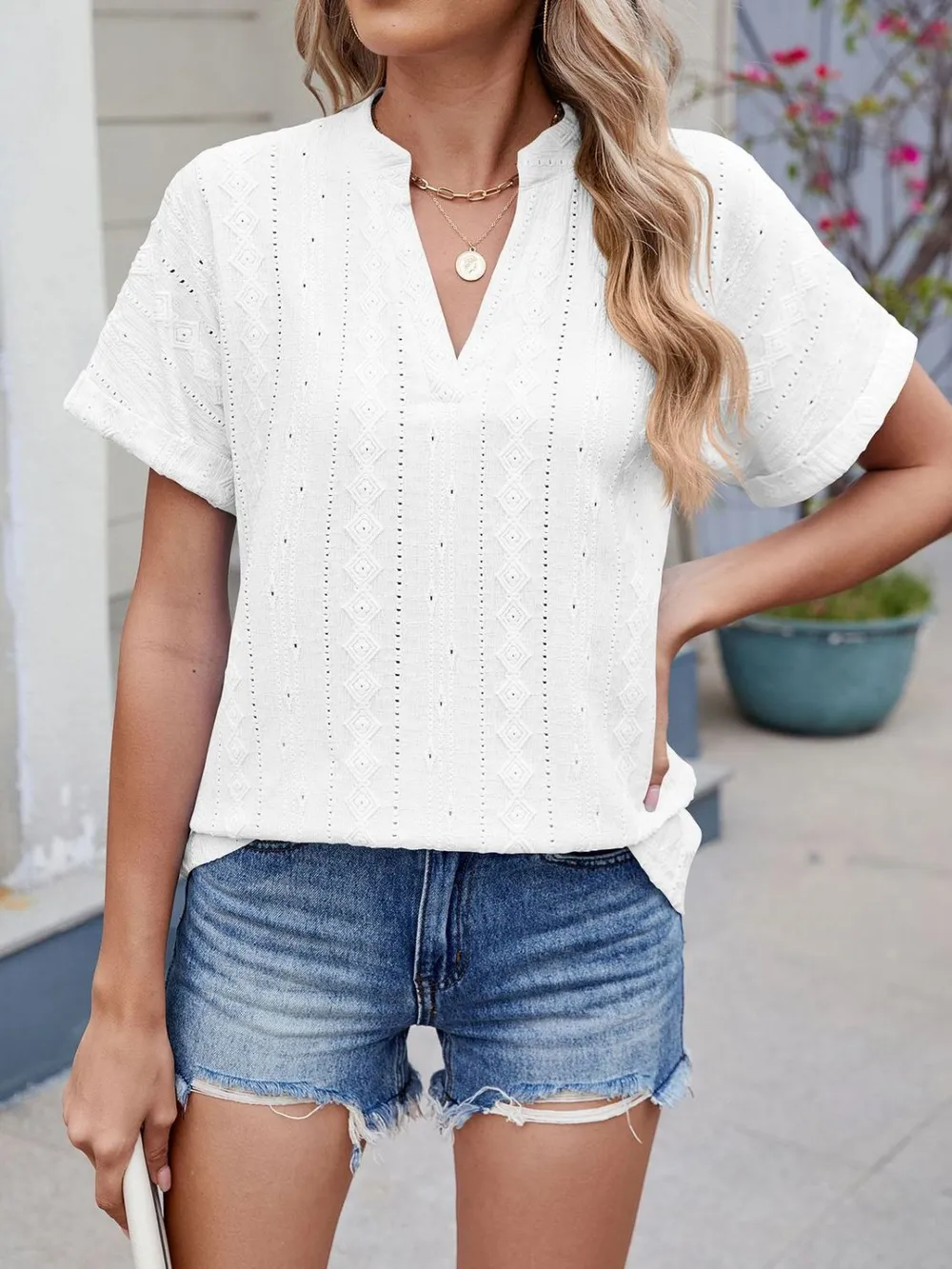 Eyelet Notched Short Sleeve Top, image 5