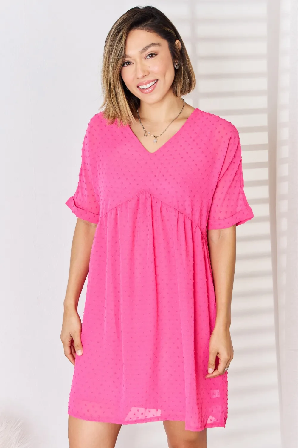 Swiss Dot Rolled Short Sleeve Babydoll Dress, image 4