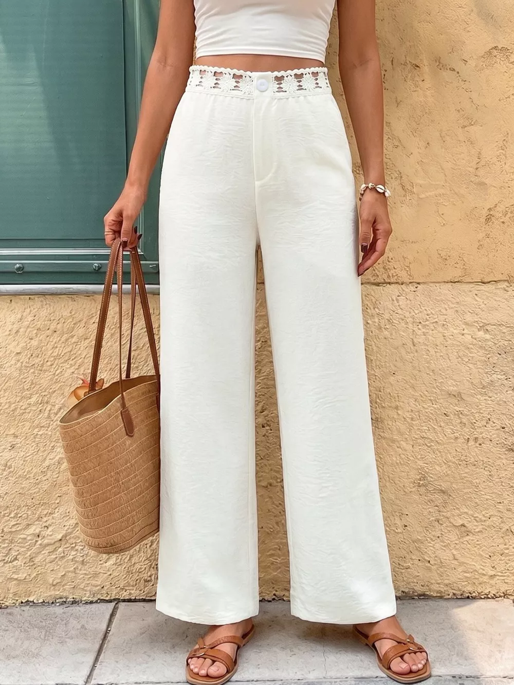 High Waist Wide Leg Pants with Crochet Trim, image 3