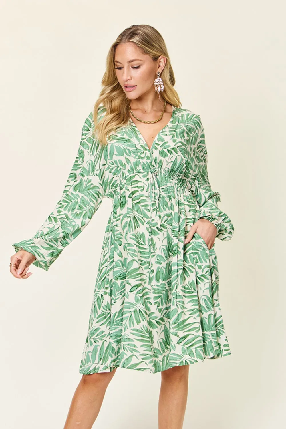 Full Size Printed Ruched Balloon Sleeve Dress