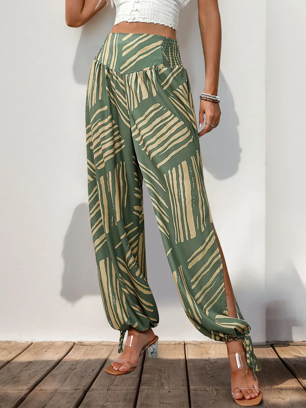 Smocked Slit Printed High Waist Pants, image 2