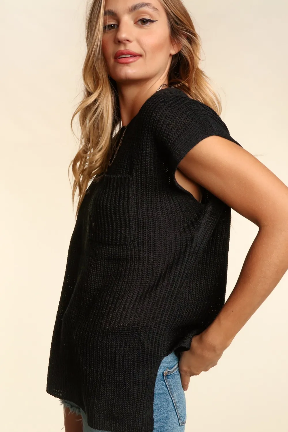 Pocketed Round Neck Cap Sleeve Knit Top, image 2