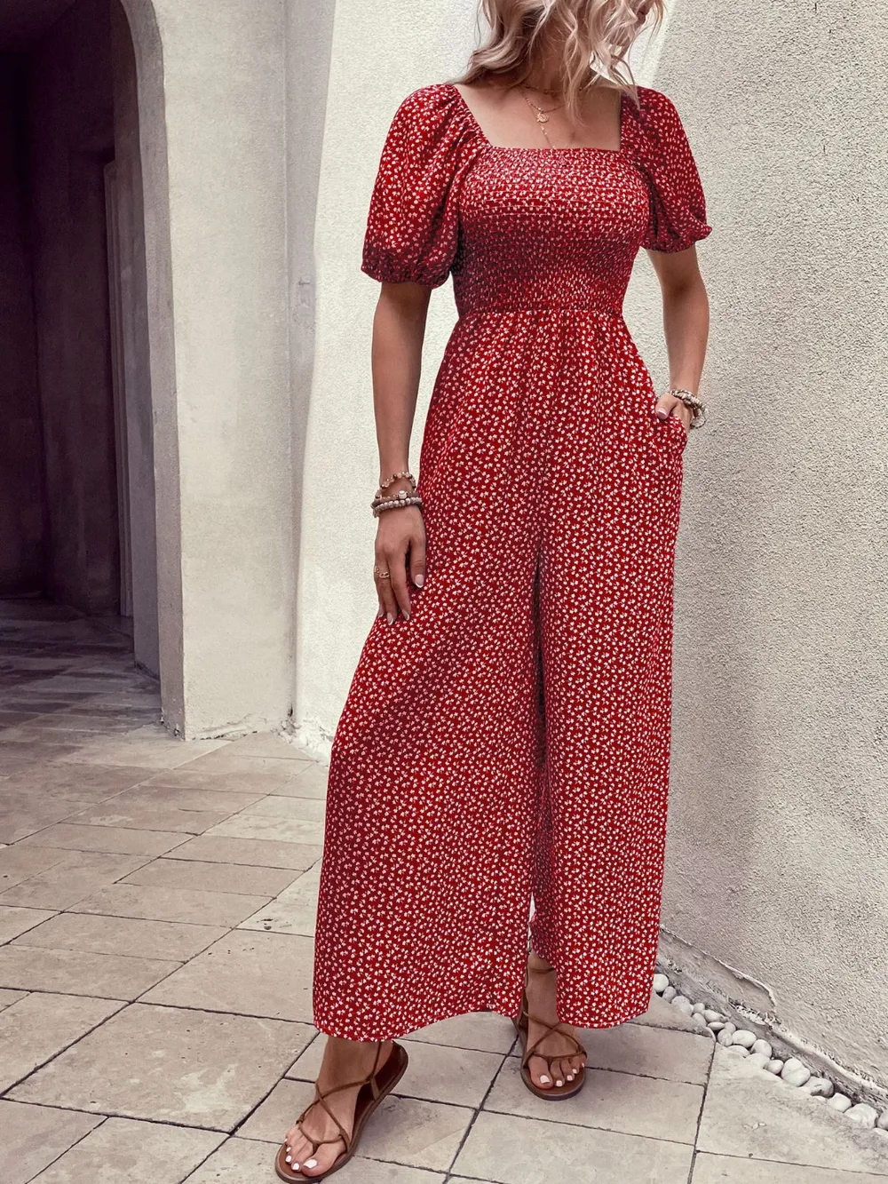 Printed Square Neck Puff Sleeve Jumpsuit, image 2