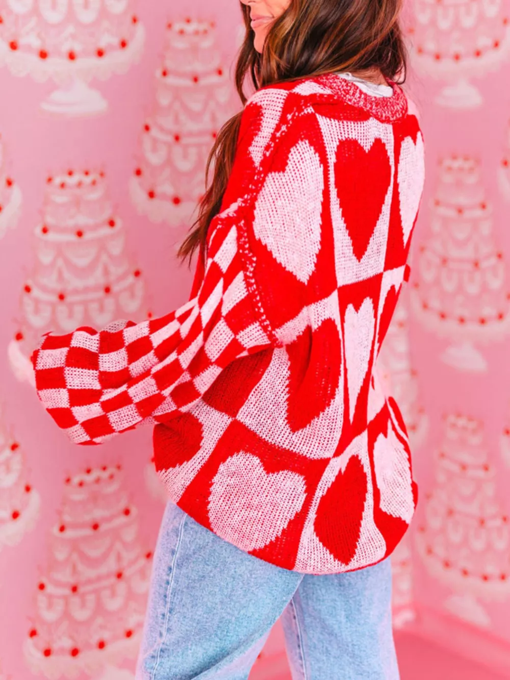 Heart Pattern Checkerboard Knit Sweater, image 3