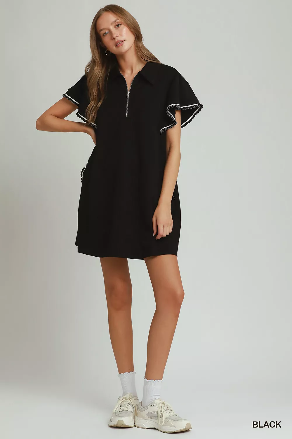 Half Zip Ruffle Rib Band Butterfy Sleeve Mini Dress with Pockets, image 4
