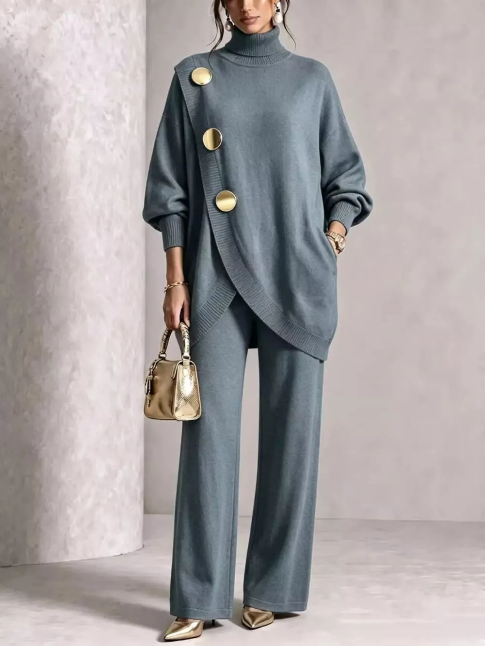 Full Size Elegant Turtleneck Asymmetric Button-Decorated Sweater and Pants Set Plus Size, image 10