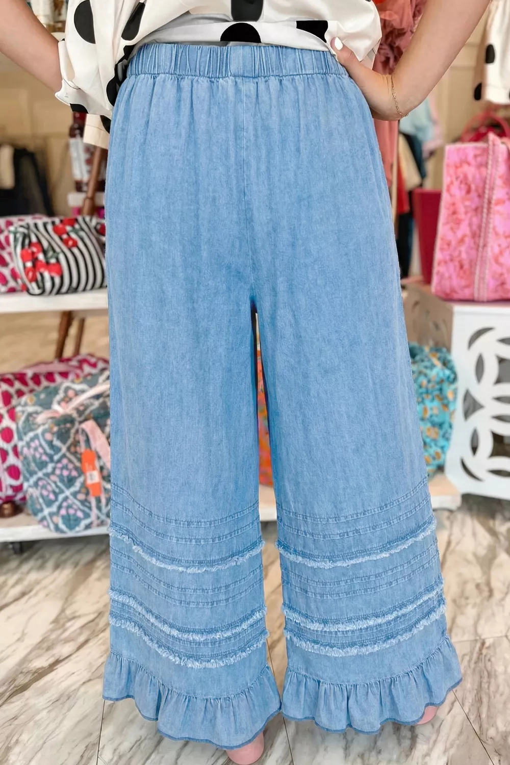 Ruffled Hem Wide Leg Chambray Jeans, image 3